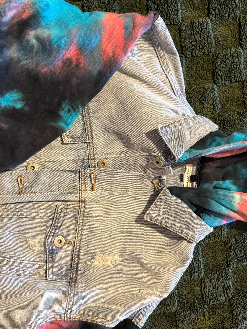 Cropped Light Wash Denim Jacket with Tie-Dye Hood